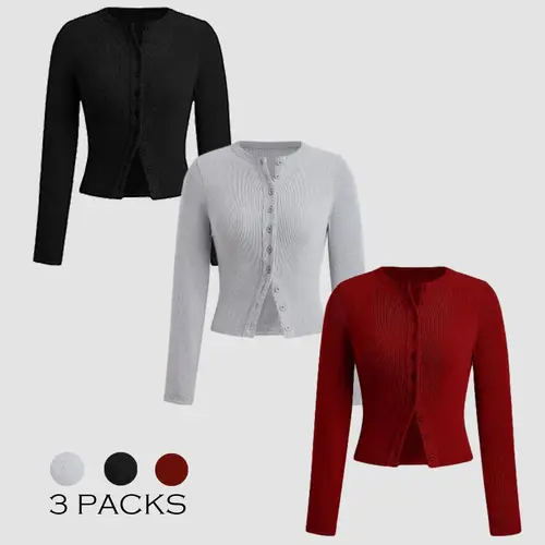 Women's Solid Button Front Ribbed Tee, Basic Casual Fit Long Sleeve Round Neck T-shirt, Top for Spring & Fall, Ladies Clothes for Daily Wear, Everyday