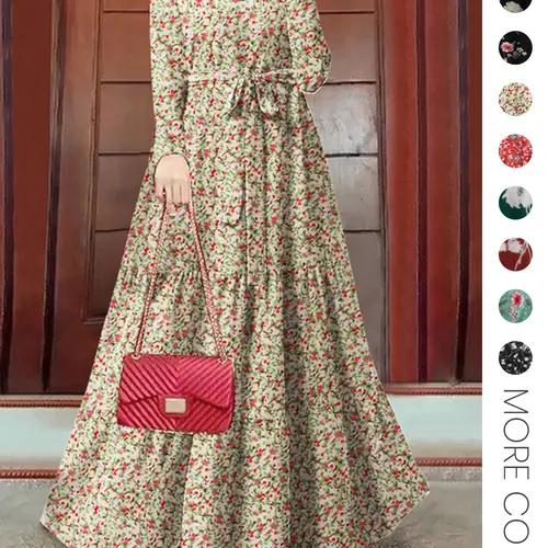 Women's Floral Print Belted A Line Dress, Elegant Long Sleeve Keyhole Neckline Dress for Fall & Winter, Women's Clothing for Daily Wear