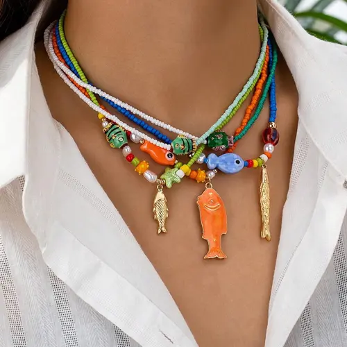 Women's Elegant Colorful Beaded Necklace Set, Trendy Marine Life Charm Layered Statement Necklaces, Adjustable Tarnish-Proof Jewelry Gift for Girlfriends, Decorative Necklace, Adjustable Beaded Design