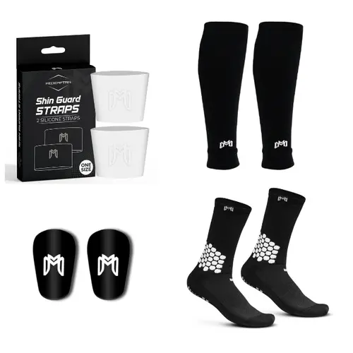 MediCaptain Premium Soccer Bundle - Soccer Grip Socks, Shin Guard Straps, Pre Cut Sleeves, and Mini Shin Guards (Black Pack with White Straps)