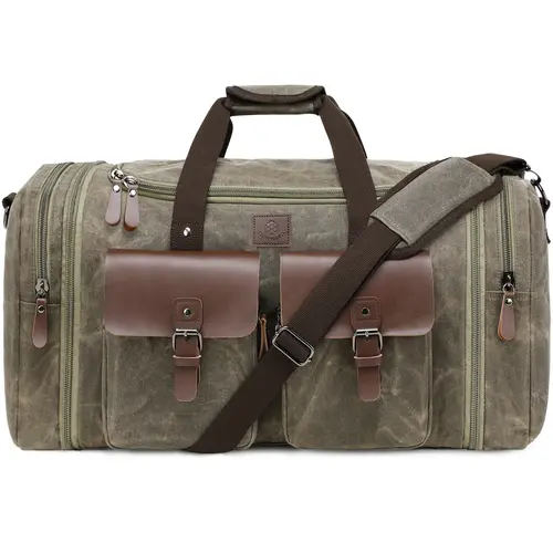 Densata Vintage Waxed Canvas Travel Duffle Bag for Men - 50-60L Expandable Carry On, 24 Hour Trip Overnight Weekender, Durable Waterproof Lightweight Outing Organizer, Convertible Crossbody with Buffer Feet Base, Camping Family Trip Unique Gift