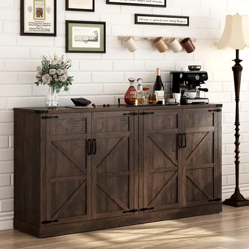 65 Inch 4 Barn Doors/47.2 Inch 3 Barn Doors Sideboard Buffet Cabinet with Storage - Farmhouse Kitchen Pantries Sideboard Cabinets with Adjustable Shelves, Wooden Coffee Bar Cabinet Buffet Table for Kitchen, Dining Room
