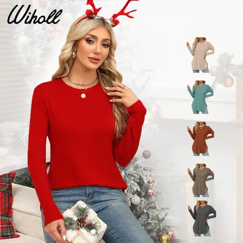 WIHOLL Women's Basic Silky Soft Spandex Long Sleeve Round Neck Blouses - Loose Fit, Breathable Polyester Fabric, Side Split, Printed Floral Tunic Tops for 2025 Casual Wear, Comfortable