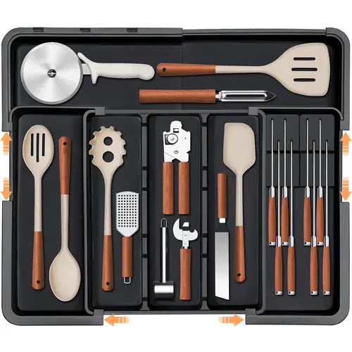 【SUHOPE】Summer Super Deal Utensil Organizer for Kitchen Drawer, Expandable Silverware Organizer with Removable Knife Block, Large Cooking Utensils Tray 22"x 19" Cutlery Flatware Holder, Kitchen Gadgets Storage, Black