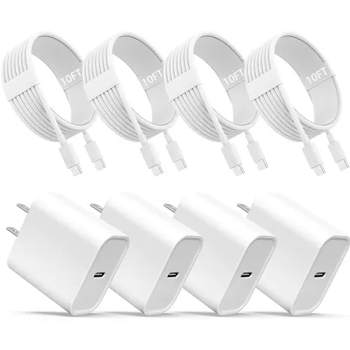 4-Pack USB C Fast Wall Charger, USB C Charger Block (4-Pack 6ft/10FT USB C Cable Included) for iPhone 17 16 15/15 Pro/15 Pro Max/iPad Pro/AirPods Samsung Springtok Smartphone, Phone Accessories