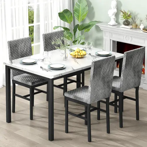 Recaceik Faux Marble Indoor Dining Table Set of 4 - 47.24"x27.5" Table, 4 Velvet Upholstered 35.82" Height Modern Ergonomic Chairs, Home & Apartment Dining Room Furniture, Apartment Furniture