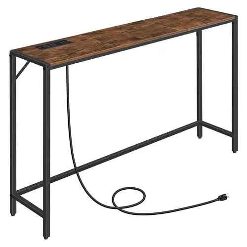 MAHANCRIS 43.3" Rectangle Console Table with Power Station - Rustic Brown Wooden Tabletop, Minimalist Narrow Profile, 12.8 lb Space-Saving Indoor Furniture for Living Room Tables, Entryway, Corridor, Modern Console Table