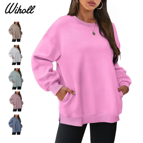 WIHOLL Women's Casual Crew Neck Fleece Sweatshirt - Soft Cotton Blend Loose Fit Pullover Top with Side Secret Pockets, Split Hem, Layering Outfits, Do Not Dry Clean