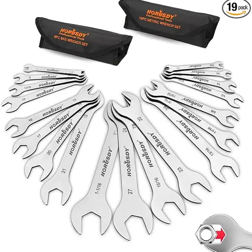 HORUSDY 19pc Super-Thin Double-End Wrench Tool Set, SAE & Metric Stainless Steel (1/4"-1-1/16" Inches/MM for Narrow Gaps), Rolling Pouch, for Mechanics DIY Maintenance, Hand Tool Set