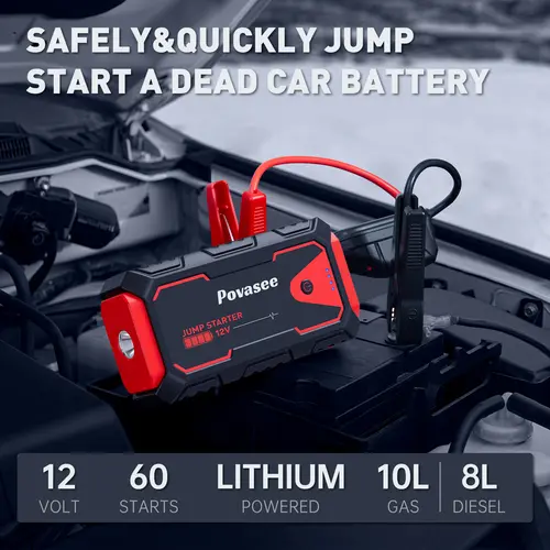 【povasee】Portable Lightweight Car Jump Starter - 5000A Peak Current, 12V Vehicle Emergency Start for Tractor & Boats, Secure Safety Protection, LED Light, Fast Charging