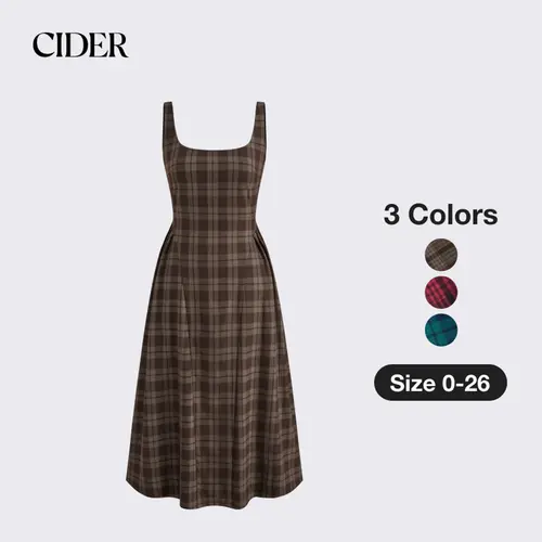 Cider Square Neck Check Pleated Zipper Maxi Dress