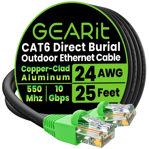 GEARit Cat6 CCA Outdoor Ethernet Cable - Male-to-Male Lan Internet Cord with High-Speed Connectivity, UV Protection, Waterproof Direct Burial, Black (25ft to 250ft Options)