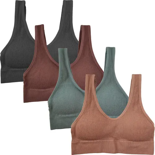 Kalon Women's 4-Pack Ribbed Crop Top Padded Bras - Nylon Spandex Thick Fabric Underwear Bodice, Comfy Smooth Scoop Neck Everyday Basic Underwear for Women, XXS, Padded Everyday Bra