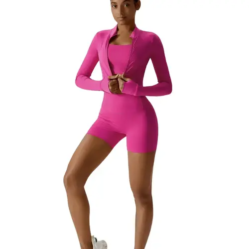 Women's Solid Criss Cross Bra & Funnel Neck Top & Shorts Three-pieces Set, Sportswear Set for Yoga Gym Workout, Ladies Sportswear for All Seasons, Gym Wear, Breathable Activewear, Sporty Set, Sportswear Clothing, Sports Outfits, Workout Sets