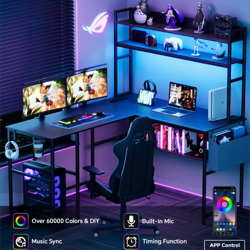 L Shaped Gaming Desk with LED Lights & Power Outlets Computer Desk with Hutch Office Desk with Storage Shelf, Headphone Hook,Cup Holder twoperson desk