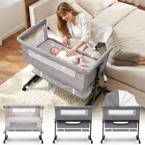 Baby Bassinet, Baby Basinet Bedside Sleeper, Easy to Fold Portable Crib Side Bassinet 2026new Style Girl/boy bassinets (Dark Gray) bedside bassinet Adjustable Height Convenient Storage