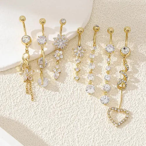 Women's Elegant Rhinestone & Flower & Heart Decor Belly Rings, Exquisite Trendy Belly Piercing Jewelry, Chic Body Jewelry, Body Jewellery, Belly Button Jewelry for Party & Daily Decor, Sparkling Zircon Inlay, Artificial Zircon, Gems For Piercings