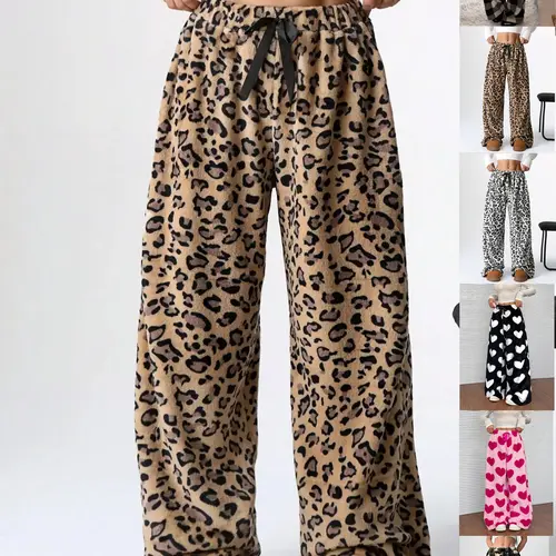 Women's Leopard Print Bow Decor Elastic Waist Wide Leg Athleisure Style Casual Streetwear Pants, Casual Soft Comfy Fit Trousers for Daily Wear, Ladies Bottoms for Fall & Winter Womenswear