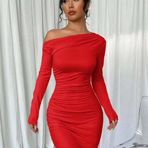 Women's Elegant Slim-Fit One-Shoulder Long Sleeves Moderate Fabric Plain Dress for Spring & Fall, Club Party Wear