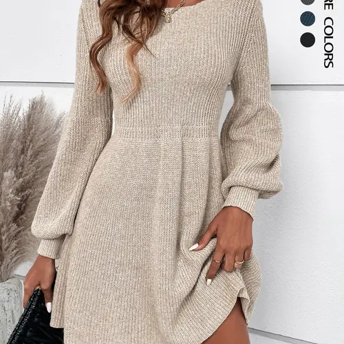 Women's Plain Lantern Sleeve Sweater Dress, Casual Long Sleeve Round Neck A Line Dress for Fall & Winter, Women's Knitwear for Daily Wear