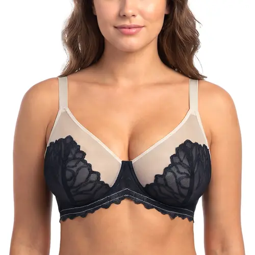 HSIA Winter Sonata Unlined Plus Size Full Coverage Bra Underwire Support Bra Sexy Pretty Embroidered Soft Lace Upgraded Breathable Skin-Friendly Sheer Mesh Minimizer Bra All-Day Comfort for Large Bust
