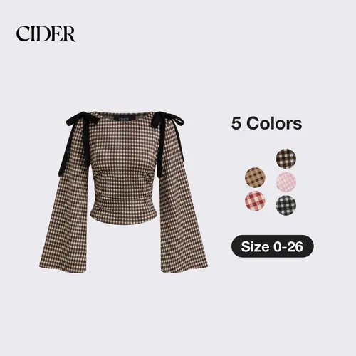 Cider Boat Neck Gingham Bowknot Ruched Long Sleeve Top SohoChic
