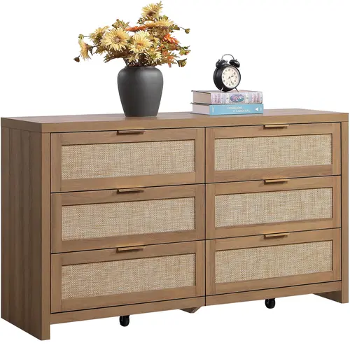 【SohoChic】SICOTAS Rattan Mesh Drawers Bedroom Dresser - 6-Drawer Wooden Style Furniture, 17.7"x56.9"x31.3" Ample Storage Engineered Wood Unit, Sturdy Easy-Install for Nursery, Closet