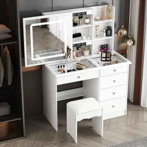 FUFU&GAGA Sturdy Large Modern Makeup Vanity Set with Chair for Mother, Wife - MDF Wood Dressing Table, Sliding Lighted Mirror, Storage Drawers, Shelves, Cushioned Stool, Easy Setup; Lighted Mirror Eases Makeup