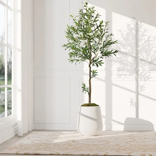 VITALISMO Realistic Artificial Olive Tree - 6/7/8 Ft Tall Fake Plastic Potted Fruit Tree, Vintage Modern Home Goods for Room Decor, Home Office Thanksgiving Decor
