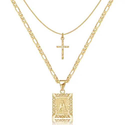 KissYan Gold Layered Initial Cross Necklace, 14K Gold Plated Layering Square Letter Pendant Figaro Chain Cross Choker from A-Z Capital Jewelry for Women Girls & Jewelry Mothers Day Gift Ideas TikTokShopBackToSchool