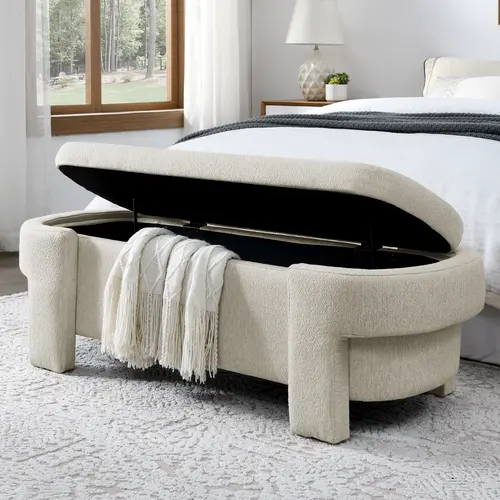 Niccae 51.5” Oval Storage Bench – Linen Upholstered Ottoman with Spacious Storage, Perfect for End of Bed, Living Room, Entryway, Bedroom, or Hallway Seating