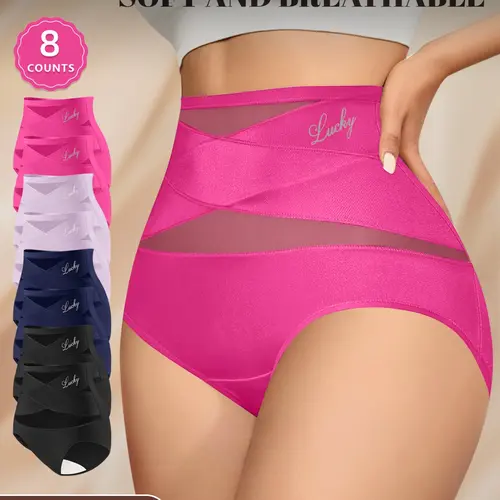 8 Pcs Women's Comfortable Breathable Mesh Stretchy High-Waisted Underwear Panties, Casual Breathable Knicker, Criss Cross Design for Everyday Use, Sizes S-XXXXL, All Seasons