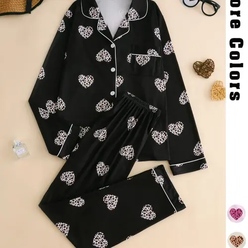 Two-piece Set Women's All Over Print Heart Leopard Lapel Neck Pocket Shirt & Elastic Waist Pants Pyjama, Casual Comfy Long Sleeve Button Up Top & Trousers Pj Set, Women's Pajamas Sleepwear for Spring & Fall Loungewear
