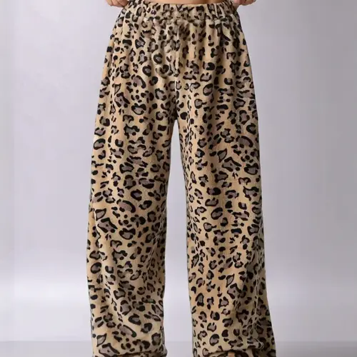 Women's Leopard Print Bow Decor Wide Leg Pants, Casual Comfy Stretchy 