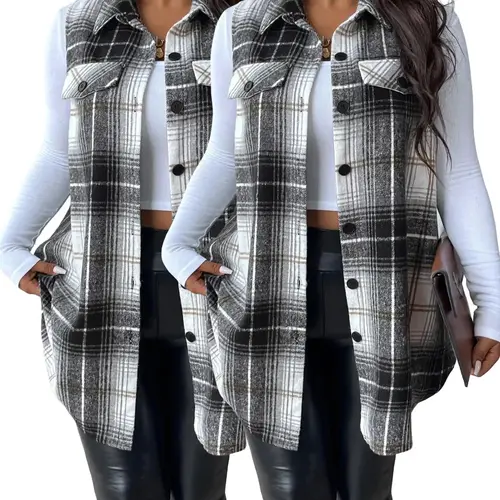 Plus Size Women's Plaid Casual Vest Jacket (fake Pockets), Collared, Button Front, Fitted Sleeveless Design, Fall & Winter Fashion Outerwear, Casual Comfy Vests, Tops