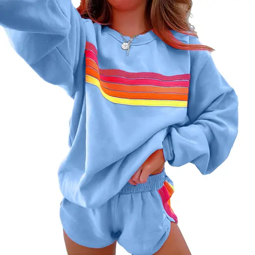 Mntaor Women's  Game Day Winteroutfit Comfy Striped Accent Crew Neck Pullover and Shorts Two Piece Loose Fit Set Pajamas Set Family Matching Set Cotton Fabric Loungewear