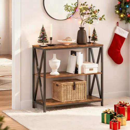 MAHANCRIS 3-Tier Industrial Wooden Console Table with Open Shelves, Modern Entryway Table (40kg Capacity), Living Room Furniture for Study & Dining Room, Easy Assembly, Rustic Brown