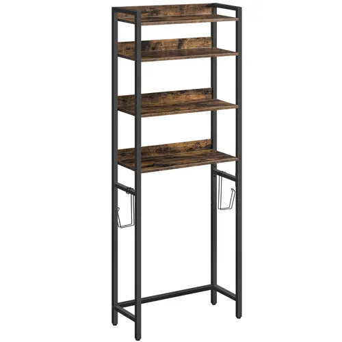 MAHANCRIS 4-Tier Over The Toilet Storage Rack - Iron Wood Bathroom Organizer, Includes 2 Hooks, Easy to Assemble, Rustic Brown, for Bathroom, Laundry, Porch, Includes Hooks