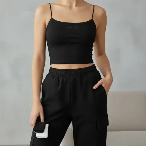 Women's Spring Summer Knitted Design Minimalist Plain Basic Sleeveless Crop Spaghetti Strap Camisole Top & Long Sweatpants Outfit, Two Pieces Sets, Womenswear, Casual Slim-Fitting Sweatsuit for Daily Commute Clothes