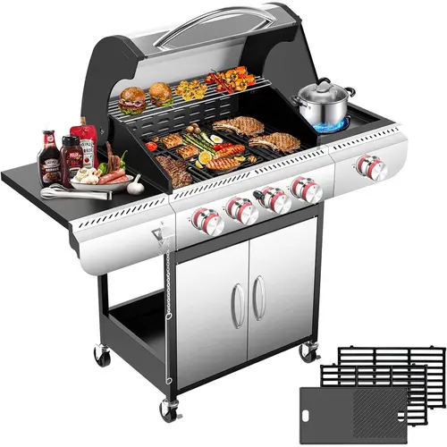 R.W.FLAME 4-Burner Stainless Steel Smokeless Propane Gas Barbecue Grill Griddle Combo, 42000 BTU, 573 sq.in., Cast Iron Porcelain-Enameled Grates & Flame Tamers, Rust-Resistant, Temperature Control, Side Burner for Outdoor Patio Cooking Flexibility