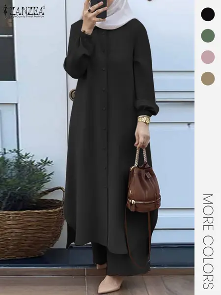 Two-Piece Set Women's Solid Color Asymmetrical Hem Button Front Longline Tunic Shirt & Wide Leg Pants, Casual Pocket Bishop Sleeve Collared Top & Elastic Waist Trousers for Fall & Winter, Women's Clothes for Daily Wear, Women's Outfit Sets