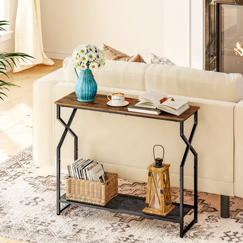 MAHANCRIS 2-Tier Narrow Console Table, Rustic Entryway Table with Hourglass Metal Frame, Slim Sofa Table for Small Space