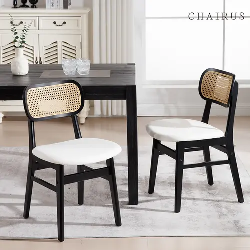 CHAIRUS Rattan & Fabric Blend Rustic Charm Armless Lounge Chairs (Set of 2), Ergonomic Mid-Century Look Elevates Any Room Dining Chairs, Black Wood Frame Linen-Upholstered Beige Cane Back 2-Seat Dining Room Furniture for Kitchen, Bistro