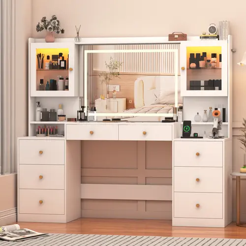 62" Modern Home Bedroom Makeup Vanity Desk Furniture - Interior Design Piece with LED Lighted Vanity Mirror, Drawers, RGB Cabinets, Power Outlet, Glass Top, Adjustable Lighting Modes (Organizing Storage Solution for Women),dorm essentials,home decor