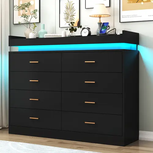Modern Wood Sturdy Chest of Drawer - LED Lighting, Charging Station, Multiple Drawers and Storage, Strong Frame, Easy Setup, Black Indoor Cupboard Cabinet for Bedroom, Entryway, Bedroom Decor, Storage Upgrade, Space Organizing