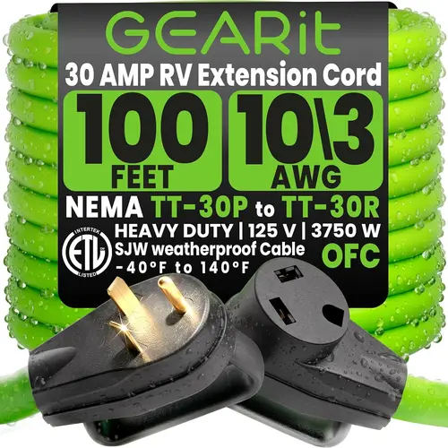 GEARit 100 Ft Pure Copper 30A Drop-In Fit RV Extension Cord, 3 Prong NEMA TT-30P/TT-30R 10/3 STW Heavy Duty Outdoor Waterproof 125V 3750W Power Cord for RV Camper Travel Trailer Motorhome