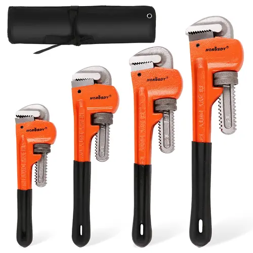 HORUSDY Heavy Duty Adjustable Pipe Wrench Set (4-Pack: 8",10",12",14") - Cast Iron, Hard Teeth Resist Wear, Soft Grip, Storage Bag, Combination Wrench Set, Mechanic Tools for Plumbing, Home Repair (TikTokShopBlackFriday), Work Tools