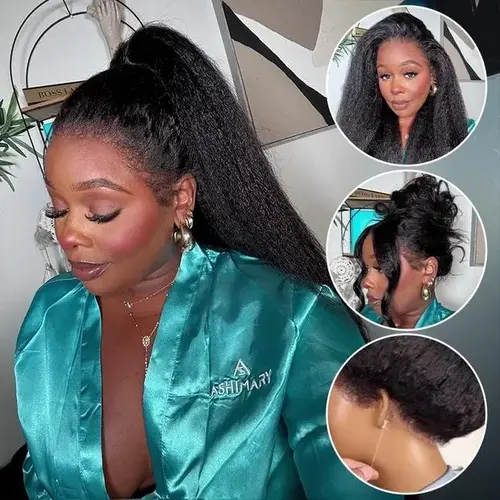 Ashimary Human Hair 360-Degree Lace Frontal Wig, Glueless Easy-Remove Invisi-Strap Kinky Straight Pre-Everything Newborn Hairline Natural Look Wig for Summer Wins, Wigs, Human Hair Wig