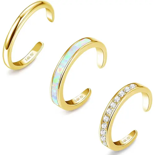 Jstyle Women's 3PCS 14 Karat Gold Plated Non-Tarnish Toe Rings Set - Opal, CZ, Daisy Flower Designs, Open Adjustable Band, Gold & Silver Female Foot Jewelry for Summer