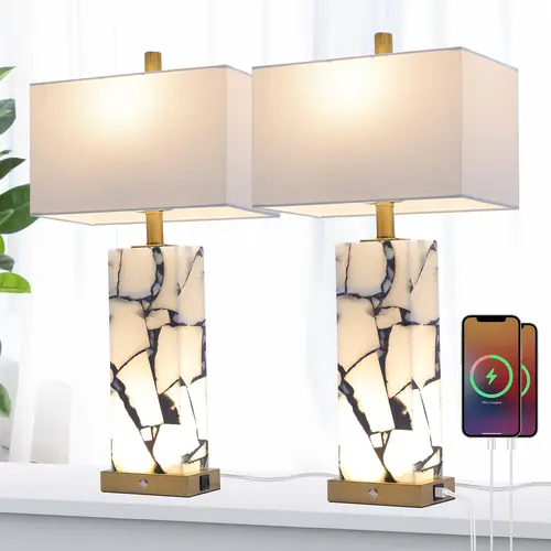 DEMILARE 2-Piece Natural Marble Alabaster LED Table Lamps with Unique Marble Veins - 3-Color Temperature, Nightlight Mode, Fast-Charging USB Charging Ports, AC Power Supply, Adjustable Modern Artistic Novelty Light for Home Bedroom Decor, Back to School,